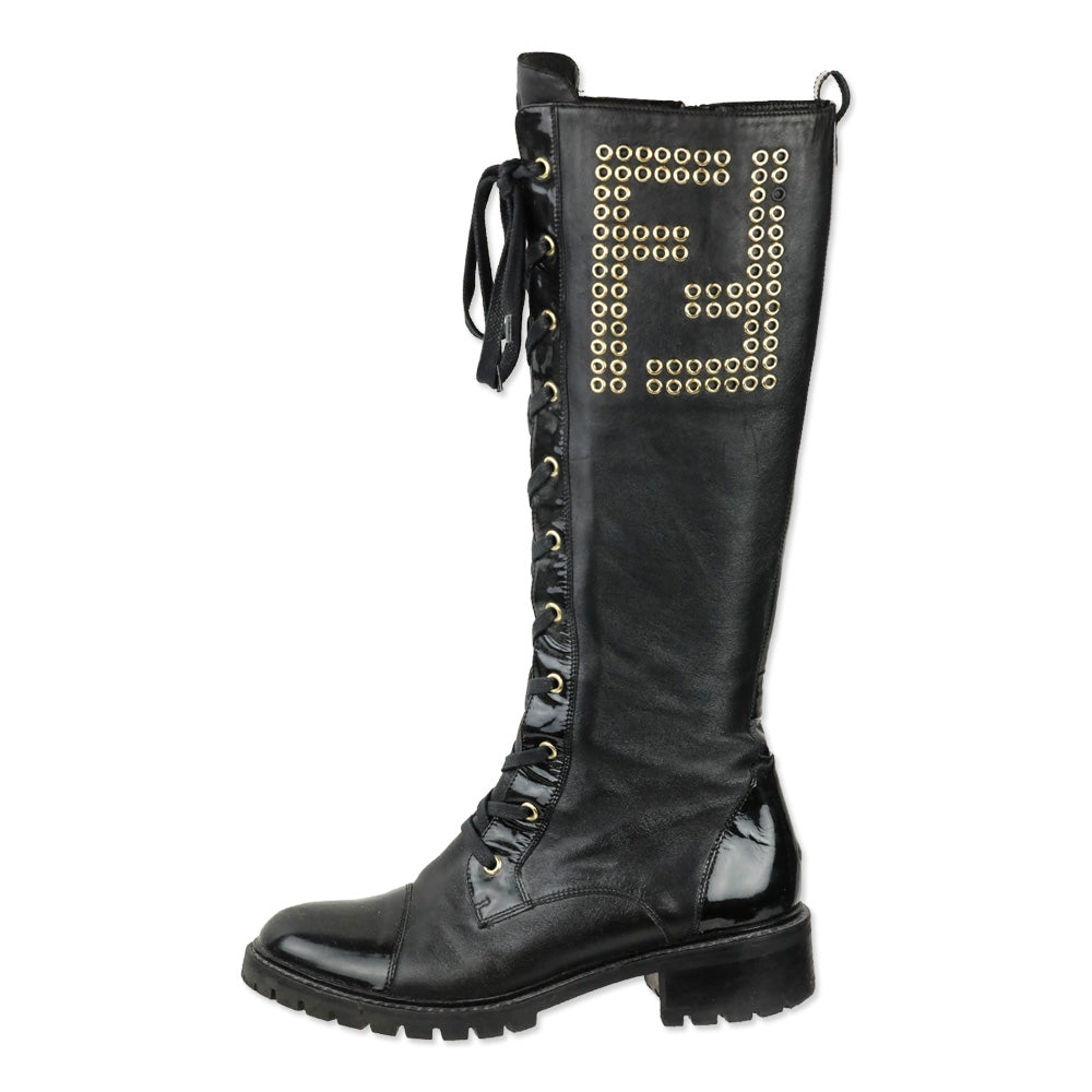 Fendi FF Grommet Lace-Up Knee High Combat Boots