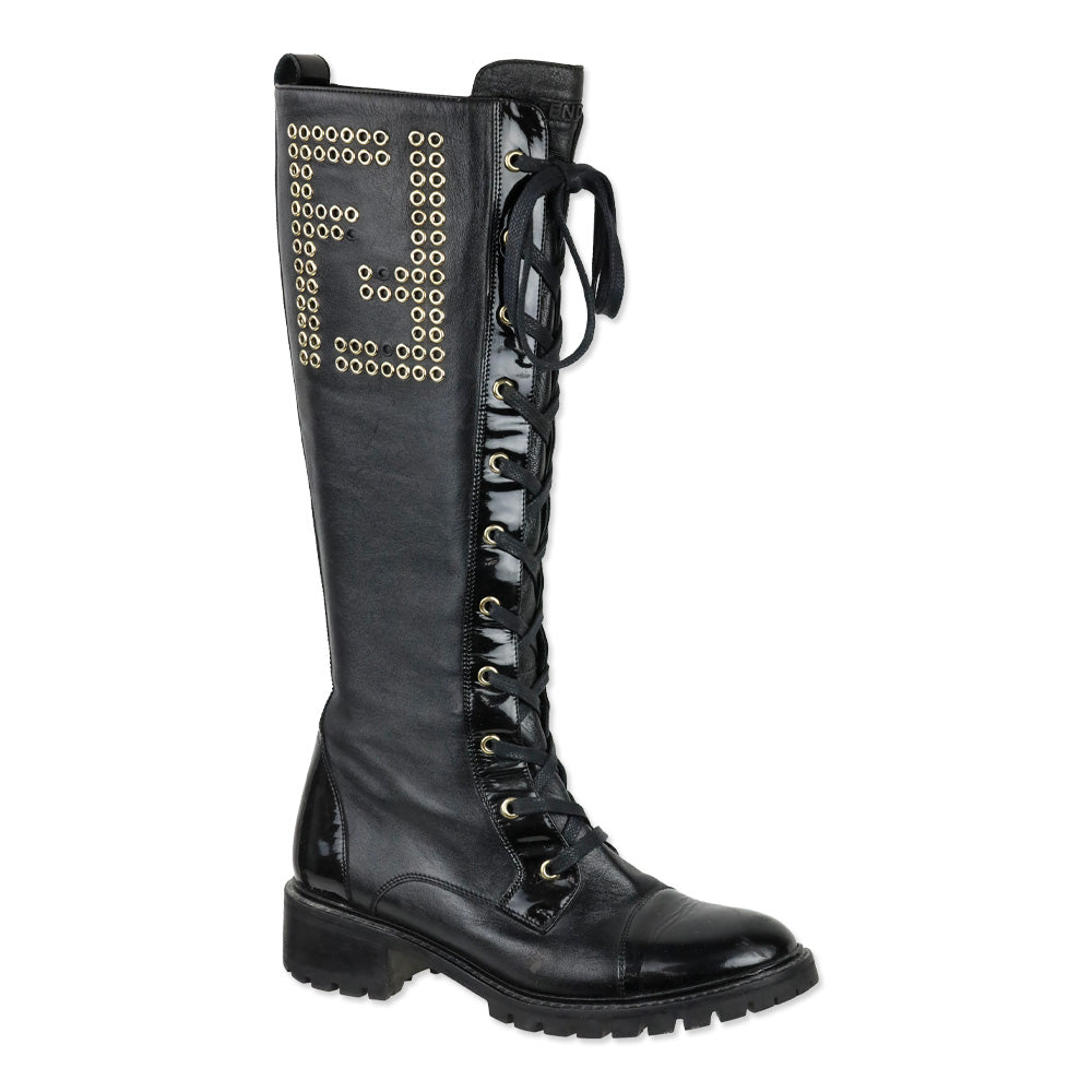 Fendi FF Grommet Lace-Up Knee High Combat Boots