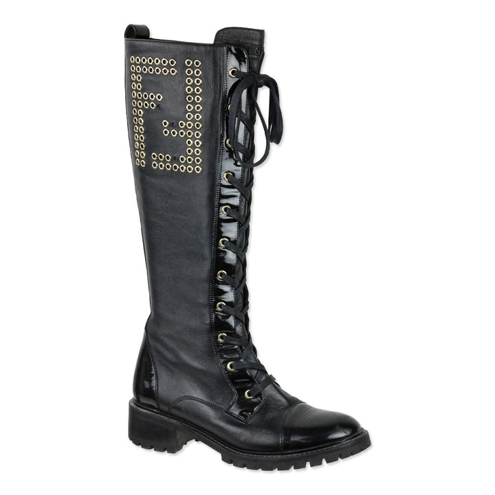 Fendi FF Grommet Lace-Up Knee High Combat Boots
