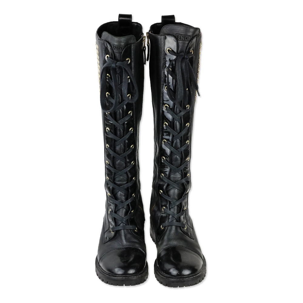 Fendi FF Grommet Lace-Up Knee High Combat Boots