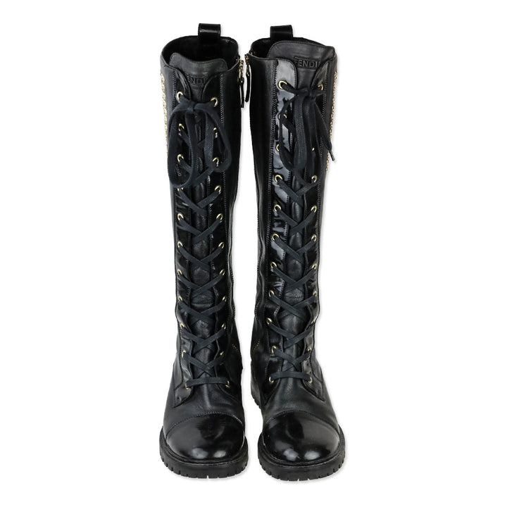 Fendi FF Grommet Lace-Up Knee High Combat Boots