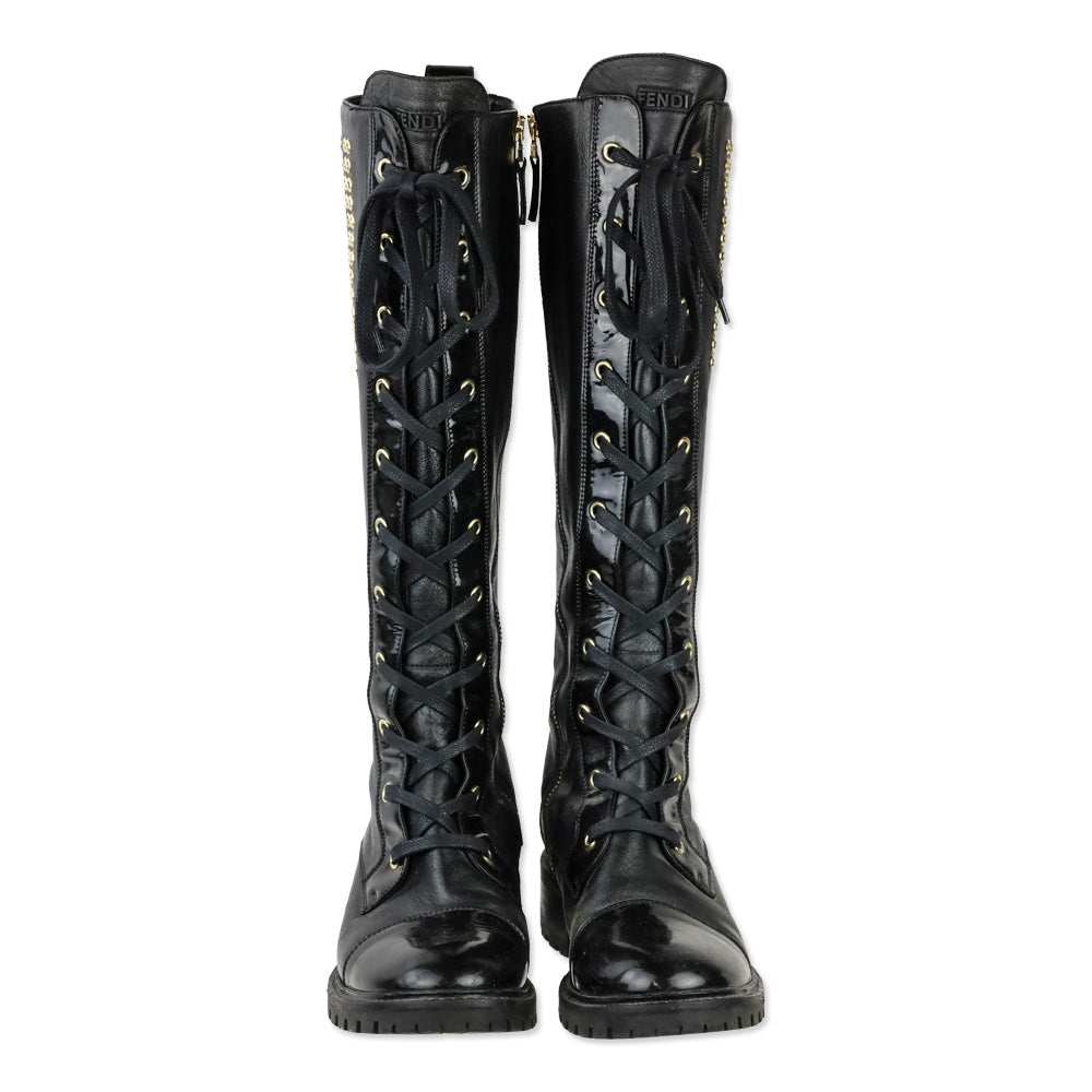 Fendi FF Grommet Lace-Up Knee High Combat Boots