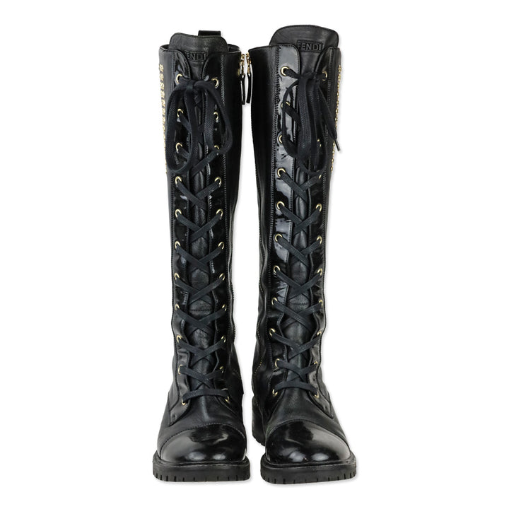 Fendi FF Grommet Lace-Up Knee High Combat Boots