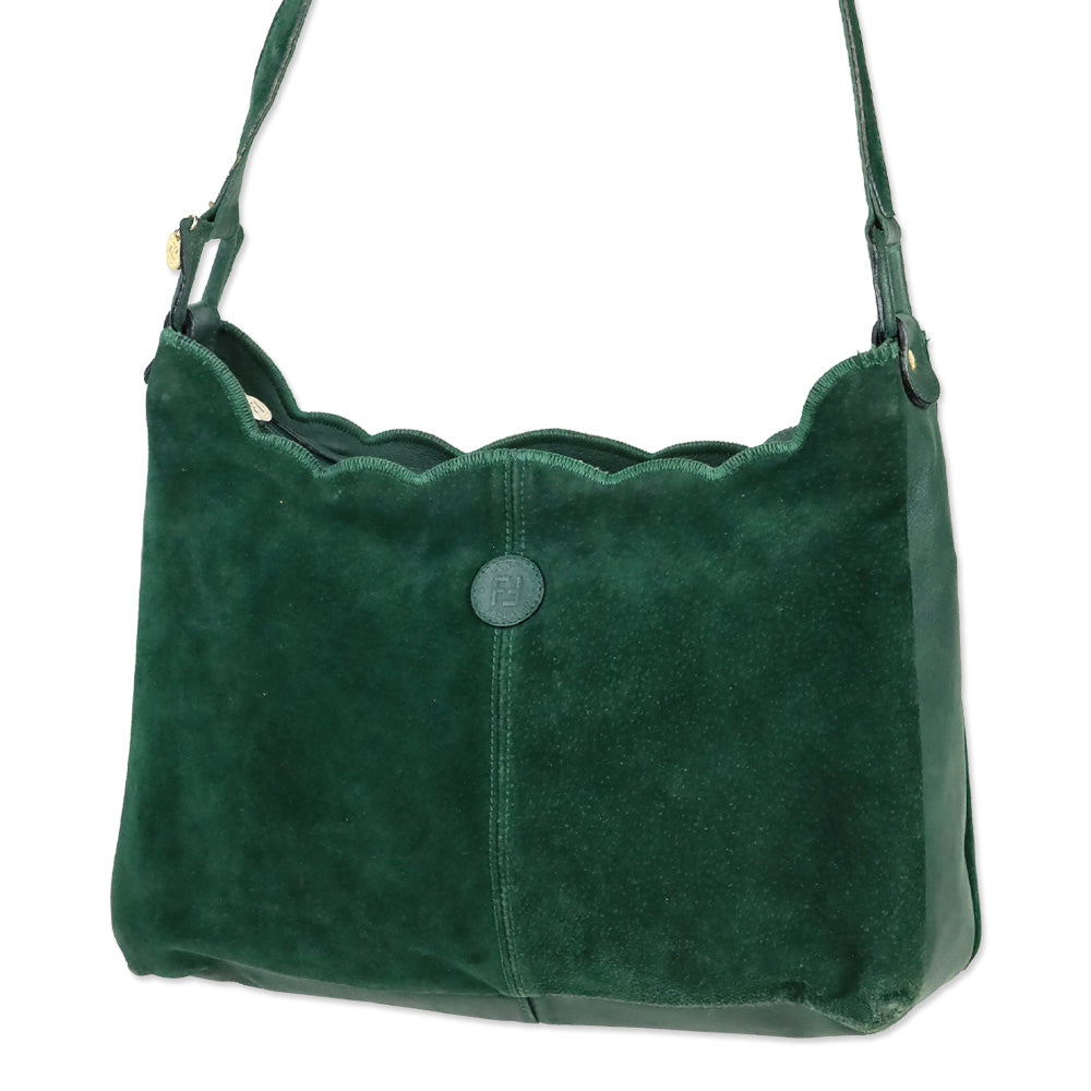 Fendi Green Suede Scalloped Shoulder Bag