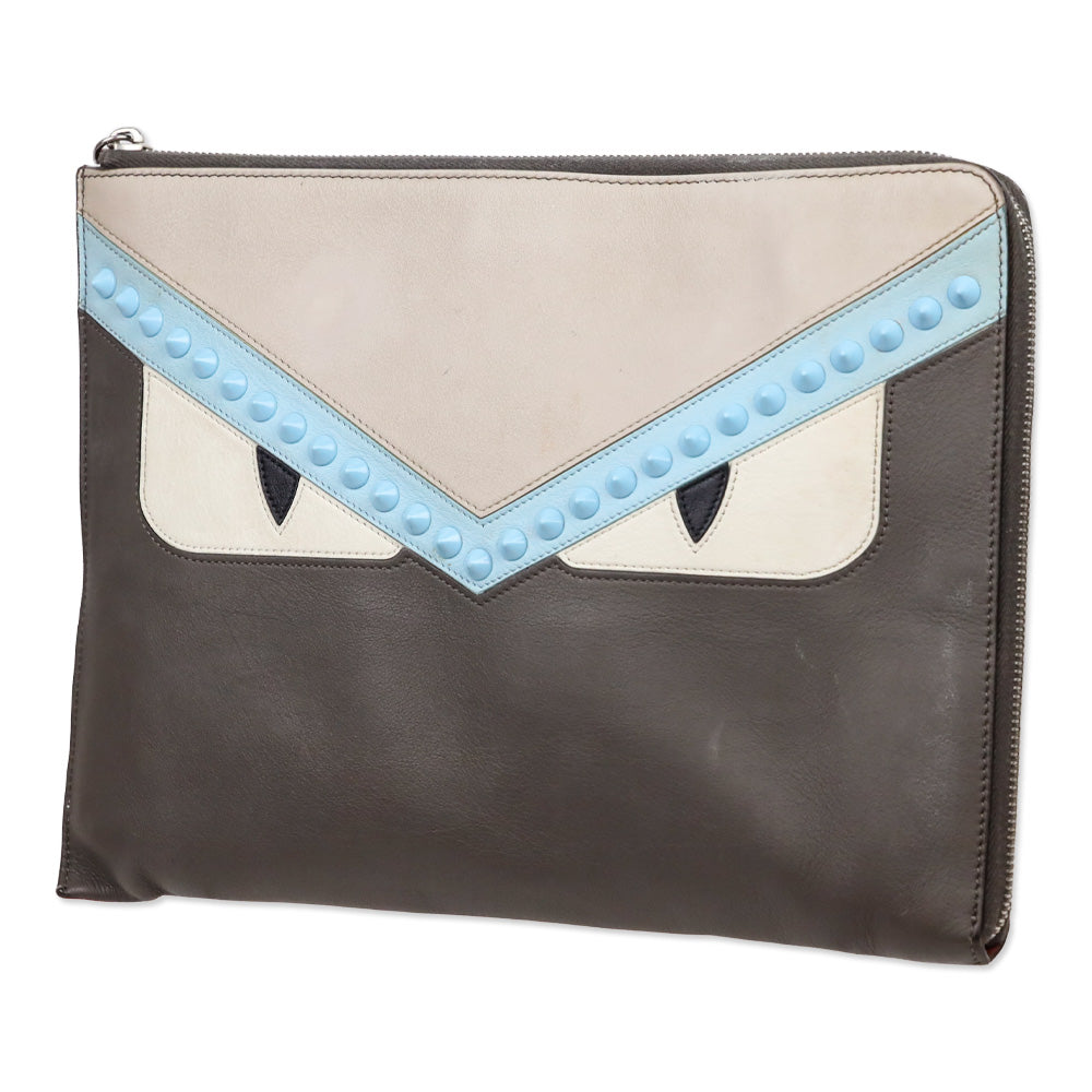 Fendi Grey Leather Monster Eyes Studded Zip-Around Clutch Pouch