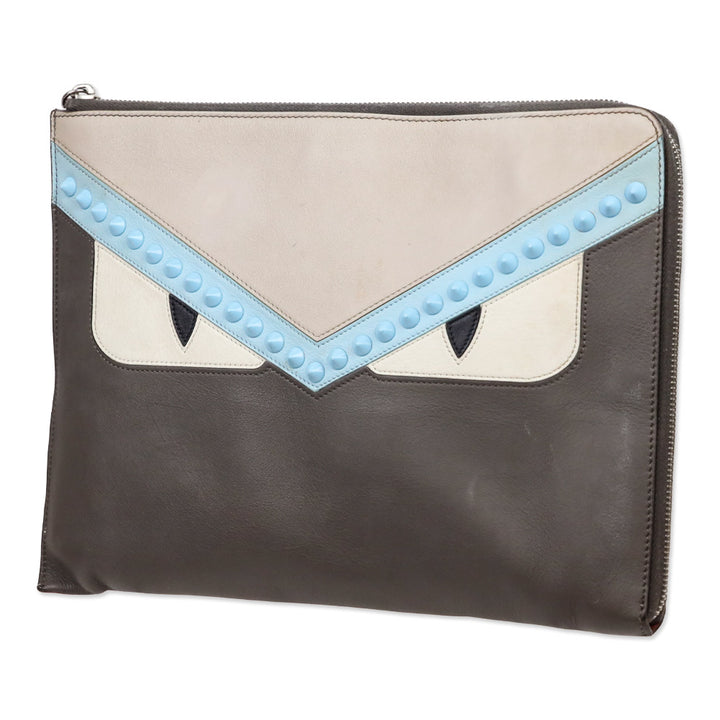 Fendi Grey Leather Monster Eyes Studded Zip-Around Clutch Pouch