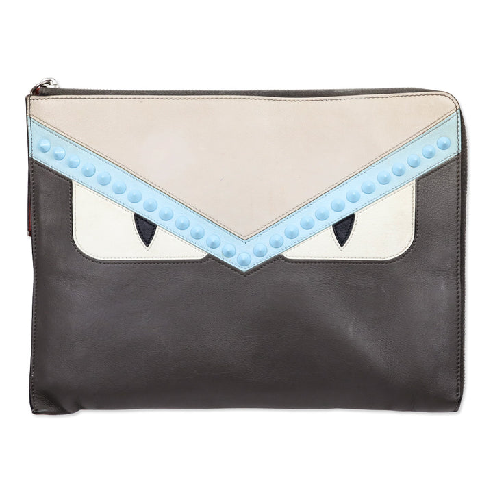 Fendi Grey Leather Monster Eyes Studded Zip-Around Clutch Pouch