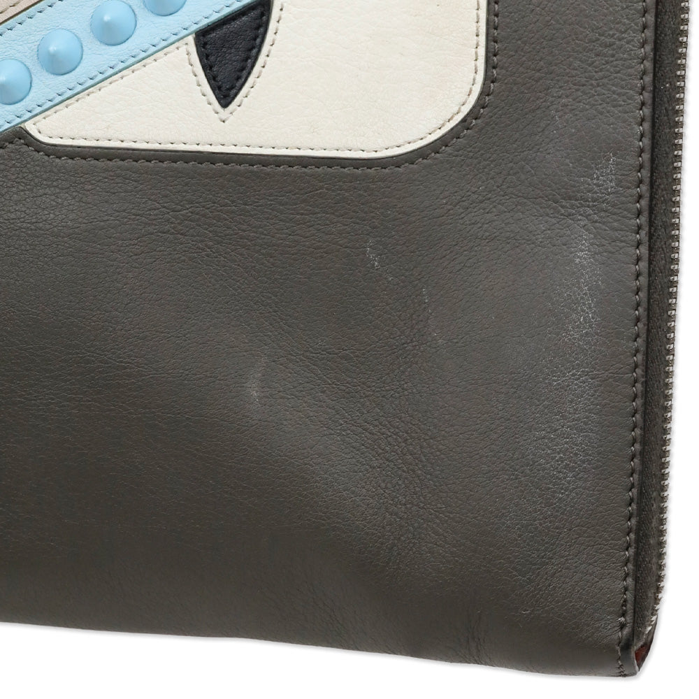Fendi Grey Leather Monster Eyes Studded Zip-Around Clutch Pouch