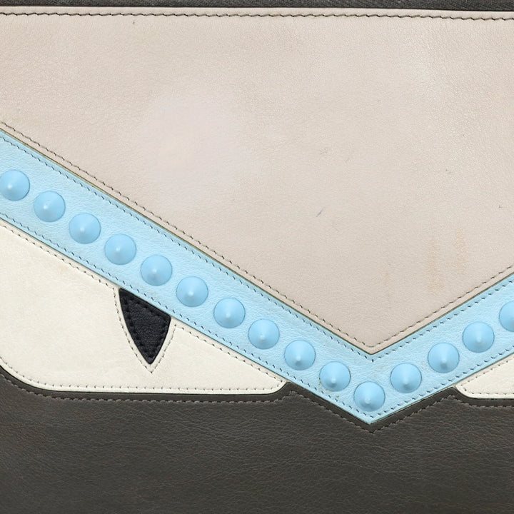 Fendi Grey Leather Monster Eyes Studded Zip-Around Clutch Pouch