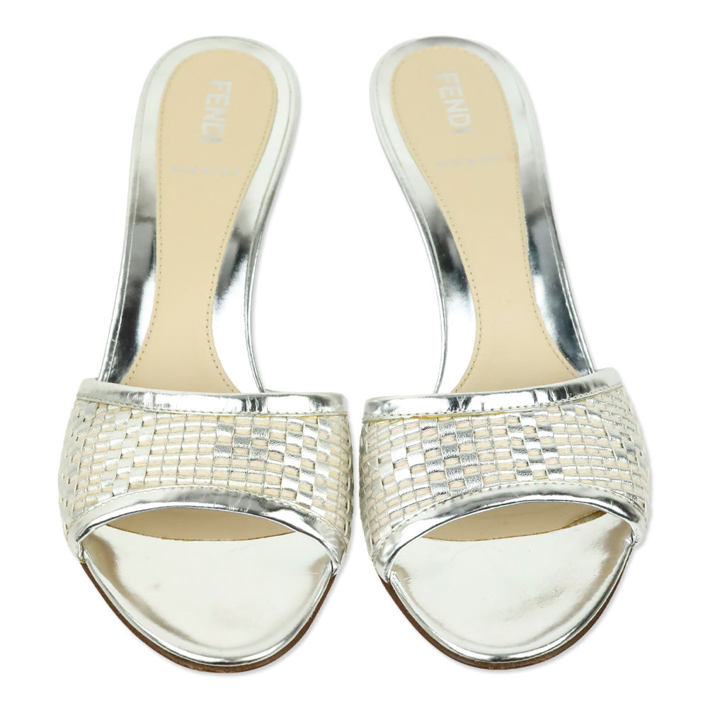Fendi Metallic Silver Woven Mule Sandals