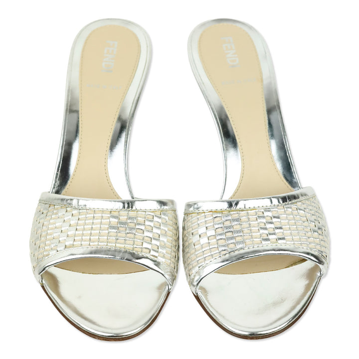 Fendi Metallic Silver Woven Mule Sandals