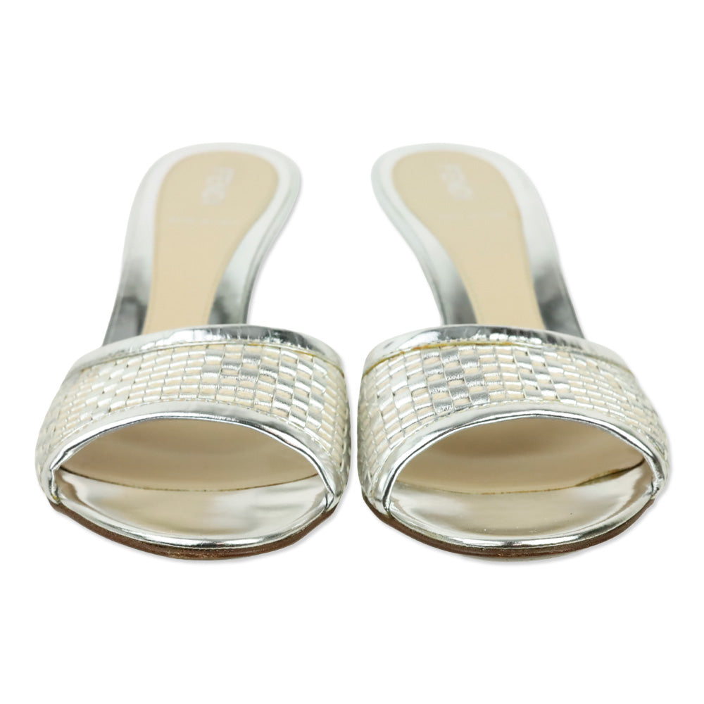 Fendi Metallic Silver Woven Mule Sandals