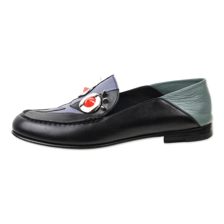 Fendi Monster Thunderbolt Eye Black Leather Silver Studded Loafers