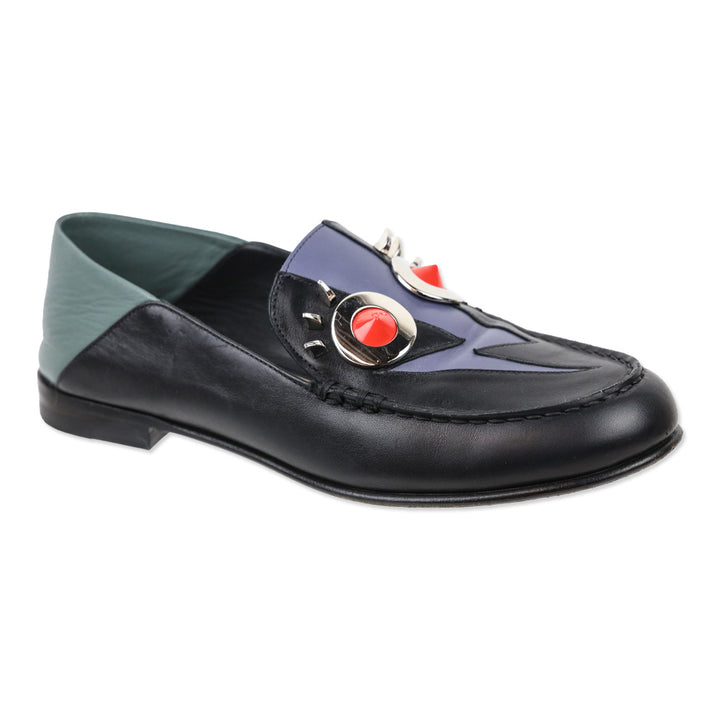 Fendi Monster Thunderbolt Eye Black Leather Silver Studded Loafers
