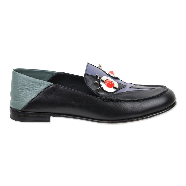 Fendi Monster Thunderbolt Eye Black Leather Silver Studded Loafers