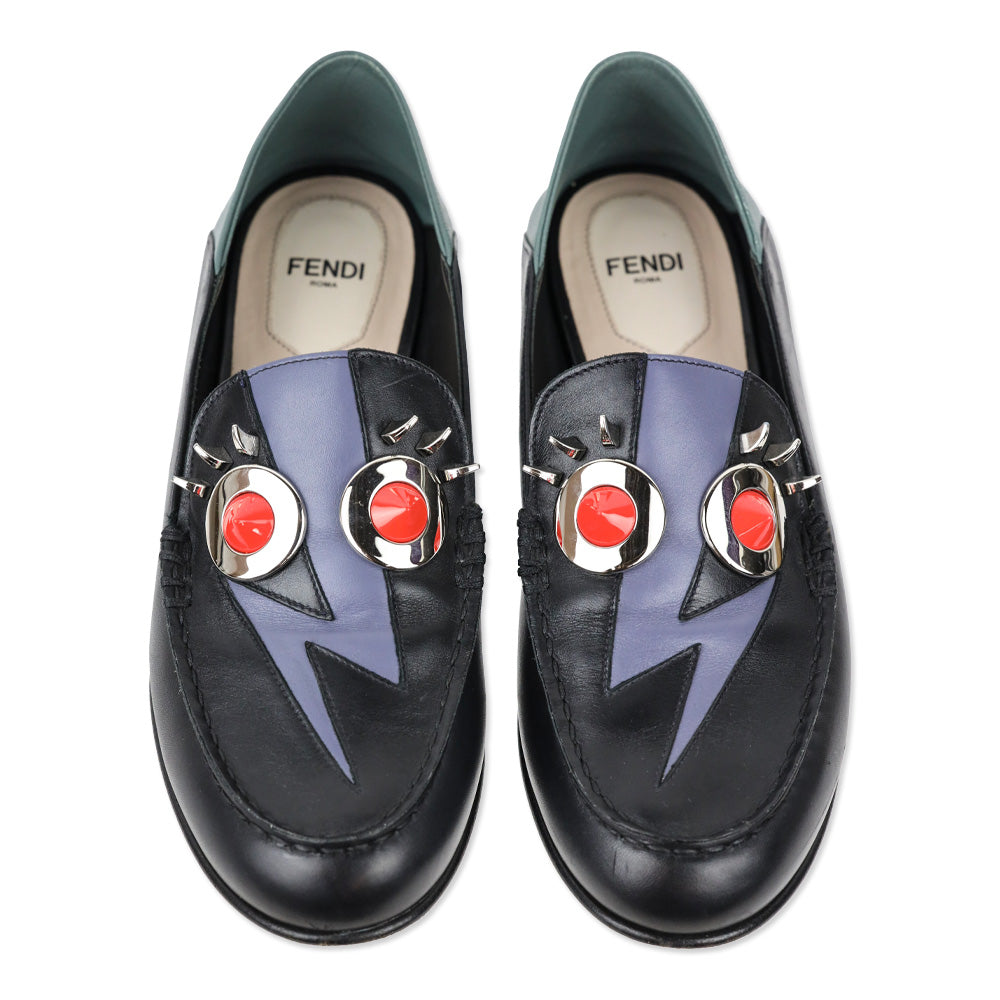 Fendi Monster Thunderbolt Eye Black Leather Silver Studded Loafers
