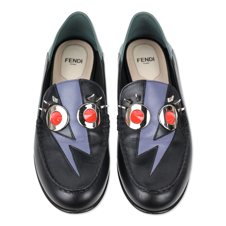 Fendi Monster Thunderbolt Eye Black Leather Silver Studded Loafers
