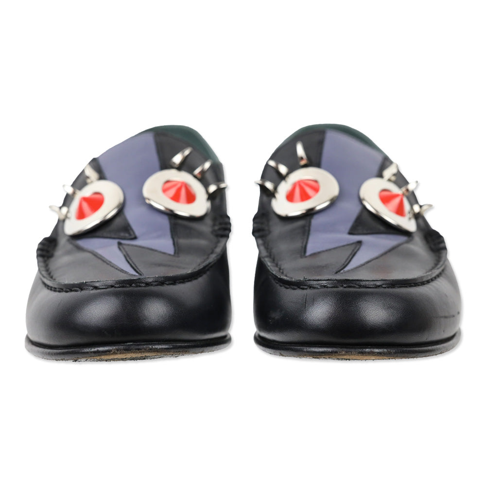 Fendi Monster Thunderbolt Eye Black Leather Silver Studded Loafers