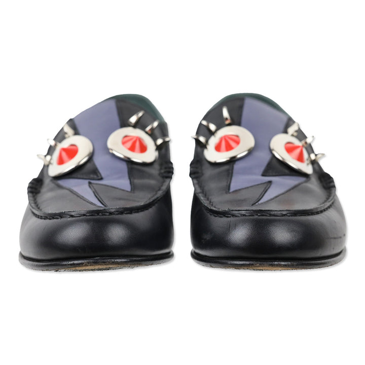 Fendi Monster Thunderbolt Eye Black Leather Silver Studded Loafers