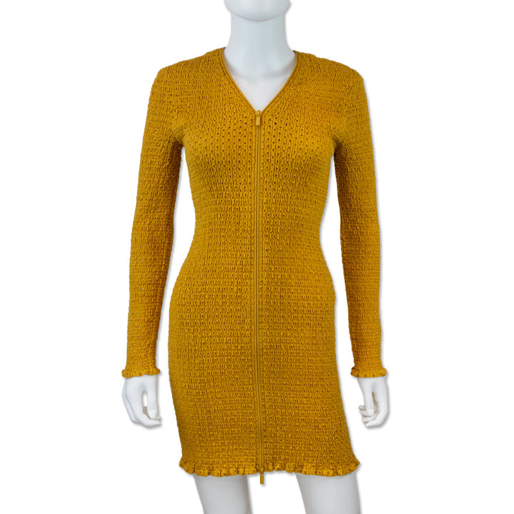 Proenza Schouler White Label Mustard Yellow Stretch Cotton Zipper Neck Long Sleeve Dress