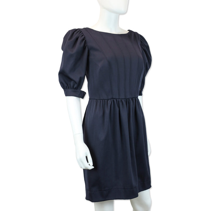Fendi Navy Wool Puff Sleeve Pleated Midi Dress