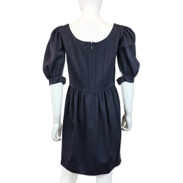 Fendi Navy Wool Puff Sleeve Pleated Midi Dress