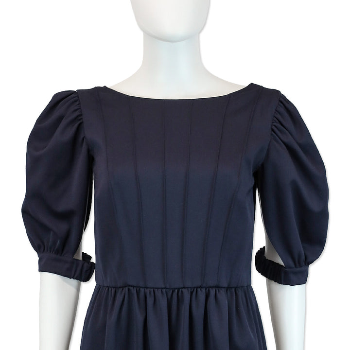 Fendi Navy Wool Puff Sleeve Pleated Midi Dress