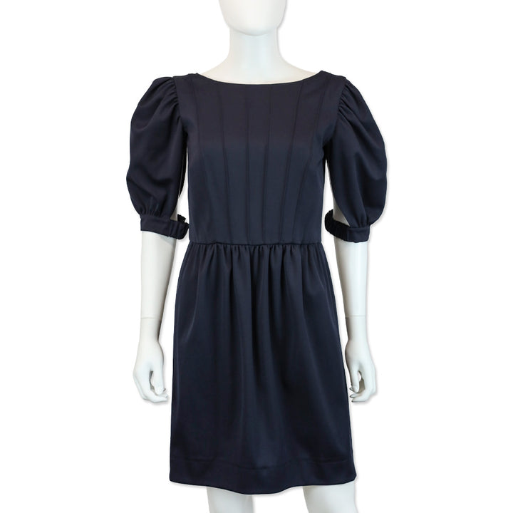 Fendi Navy Wool Puff Sleeve Pleated Midi Dress
