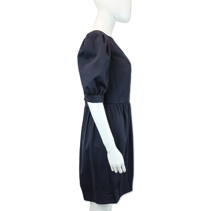 Fendi Navy Wool Puff Sleeve Pleated Midi Dress