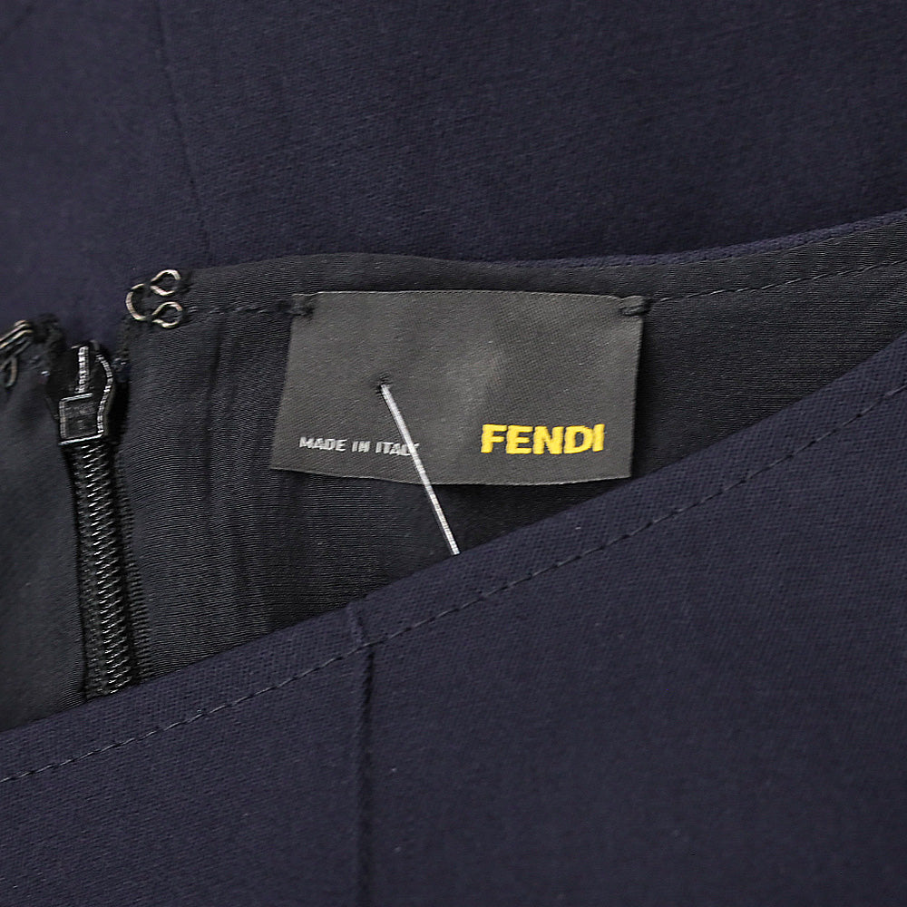 Fendi Navy Wool Puff Sleeve Pleated Midi Dress