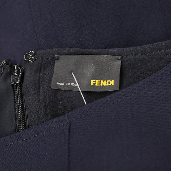 Fendi Navy Wool Puff Sleeve Pleated Midi Dress