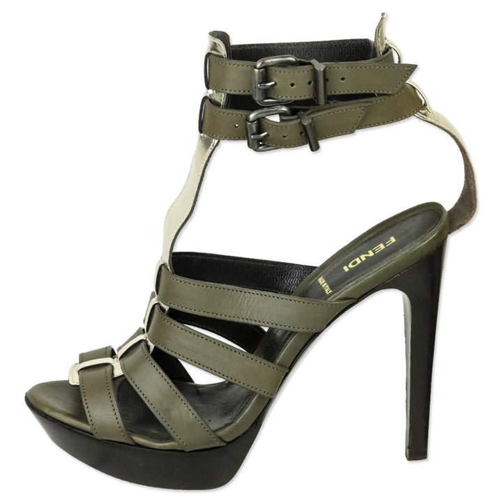Fendi Olive Leather Caged Platform Sandals