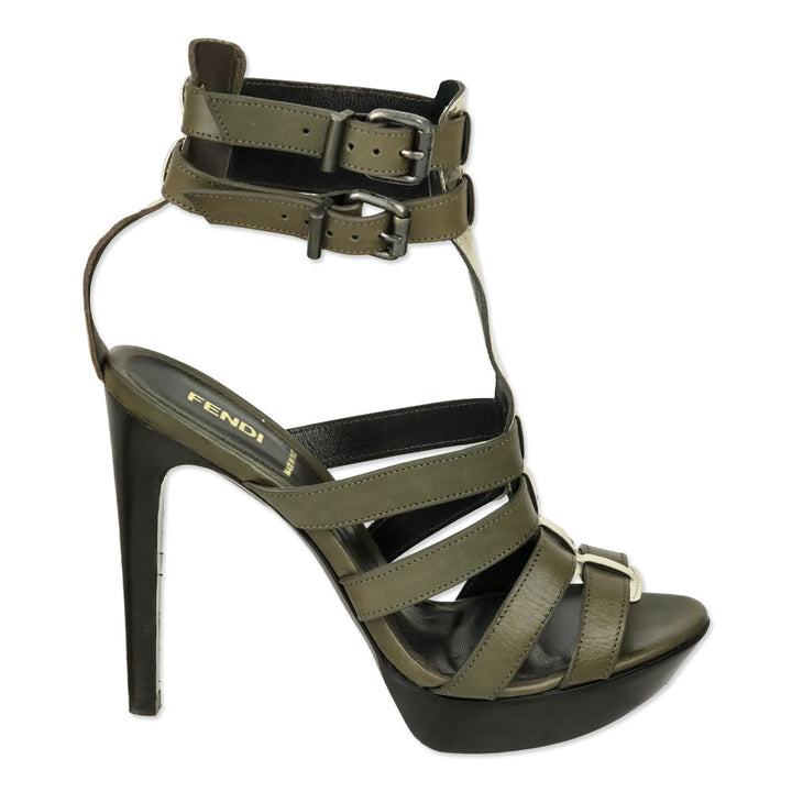 Fendi Olive Leather Caged Platform Sandals