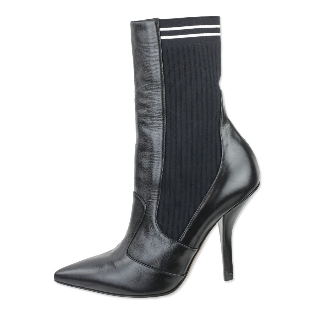 Fendi Rockoko Black Leather and Ribbed-Knit Sock Ankle Boot