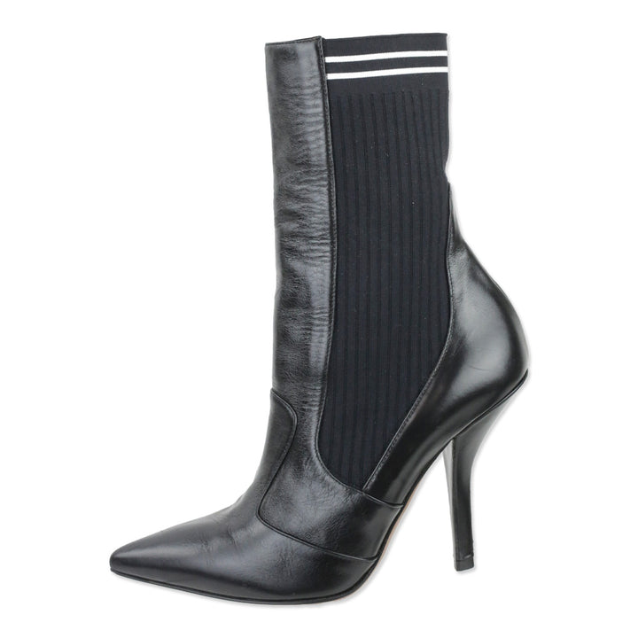 Fendi Rockoko Black Leather and Ribbed-Knit Sock Ankle Boot
