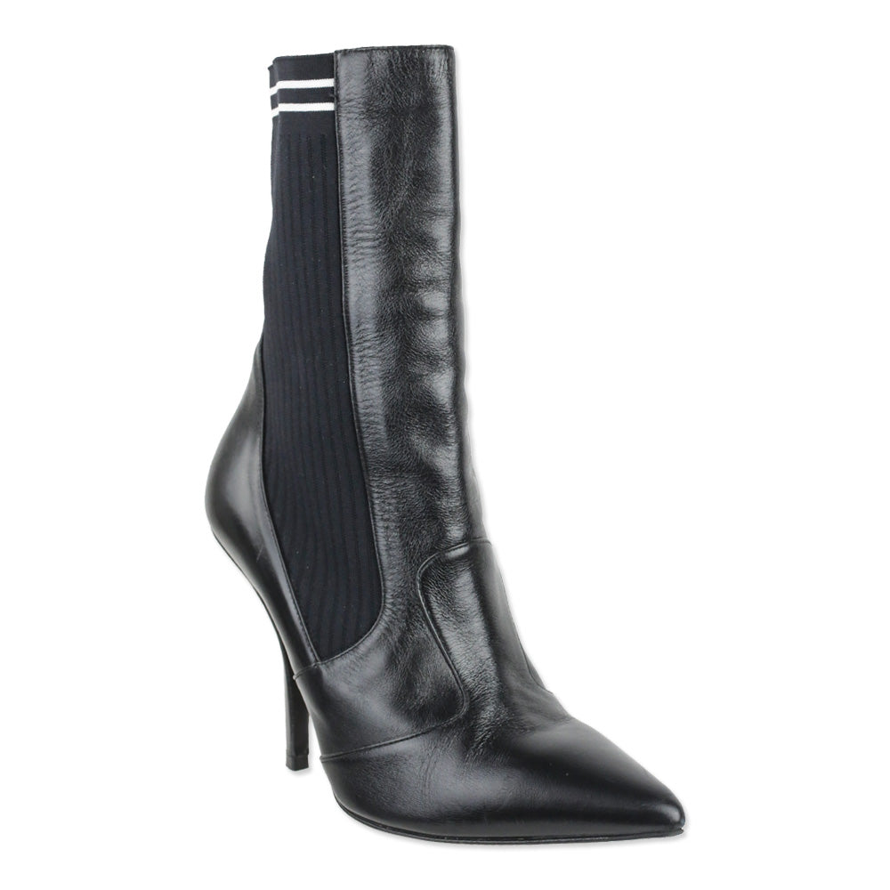 Fendi Rockoko Black Leather and Ribbed-Knit Sock Ankle Boot