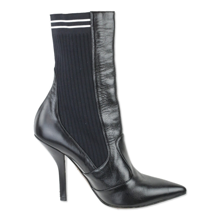 Fendi Rockoko Black Leather and Ribbed-Knit Sock Ankle Boot