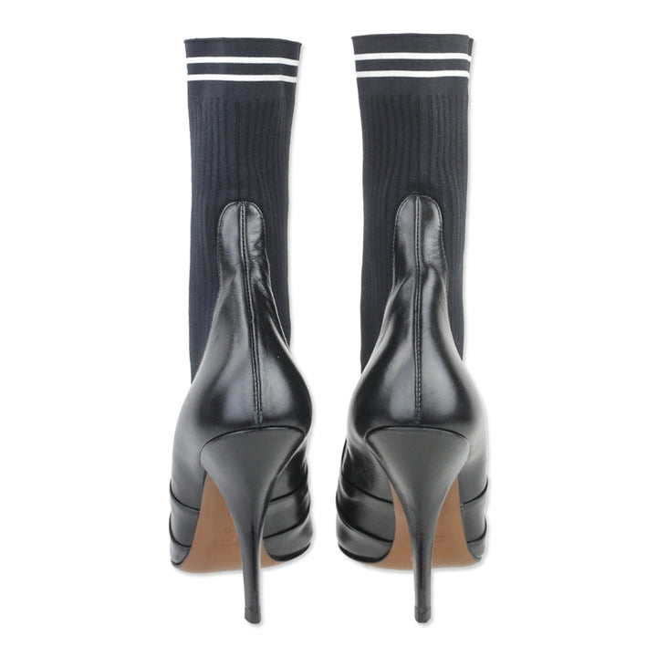 Fendi Rockoko Black Leather and Ribbed-Knit Sock Ankle Boot