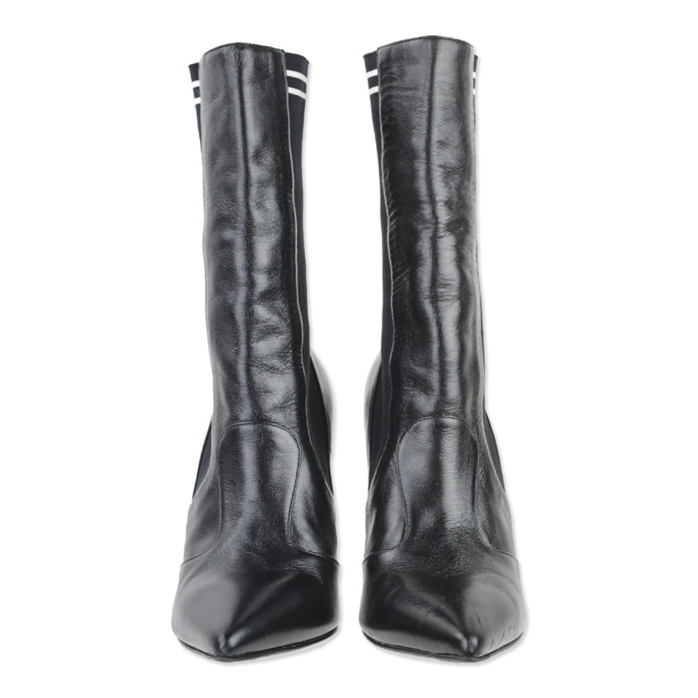 Fendi Rockoko Black Leather and Ribbed-Knit Sock Ankle Boot