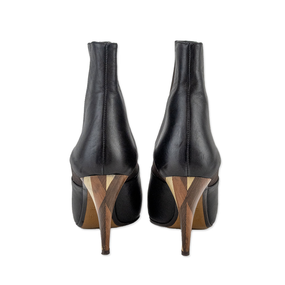 Fendi Round Toe Leather Chelsea Boots with Wooden Heels