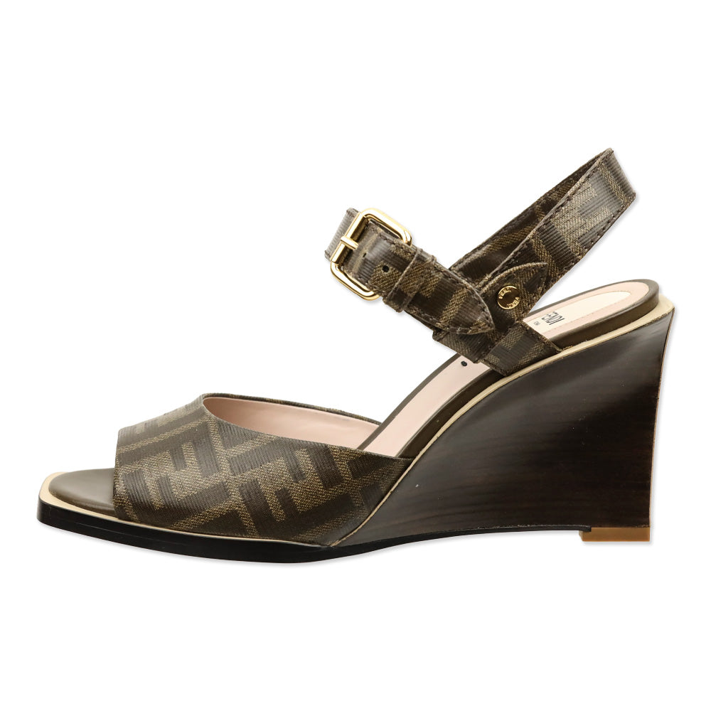 Fendi Tobacco Brown FF Zucca Coated Canvas Wedge Sandal