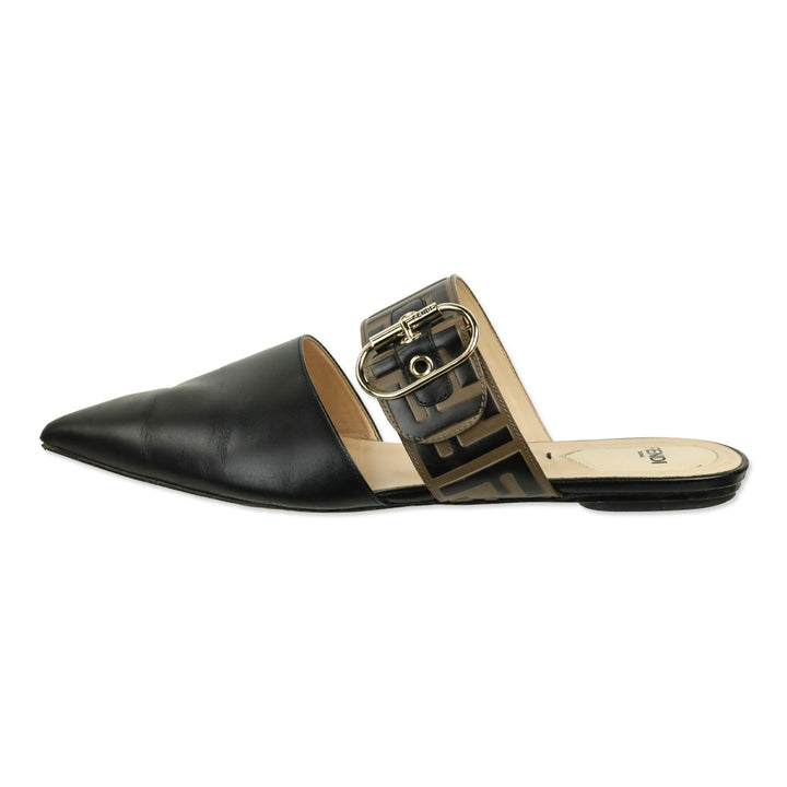 Fendi Vitello FF Embossed Black and Brown Buckle Flat Mules