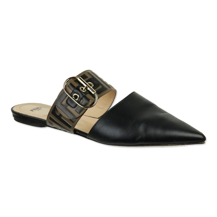 Fendi Vitello FF Embossed Black and Brown Buckle Flat Mules