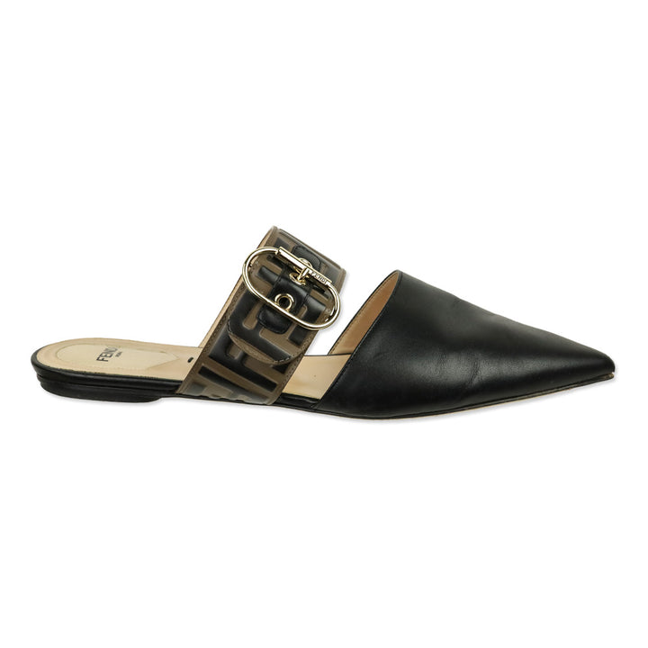 Fendi Vitello FF Embossed Black and Brown Buckle Flat Mules