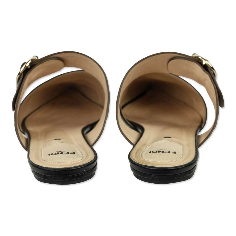 Fendi Vitello FF Embossed Black and Brown Buckle Flat Mules