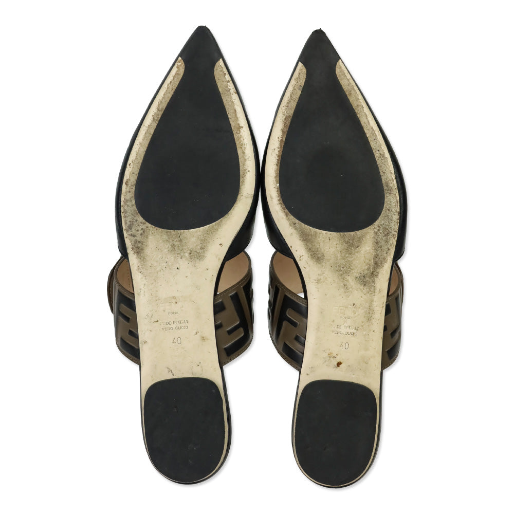 Fendi Vitello FF Embossed Black and Brown Buckle Flat Mules