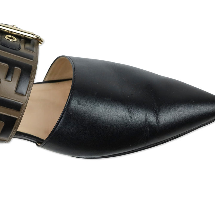 Fendi Vitello FF Embossed Black and Brown Buckle Flat Mules
