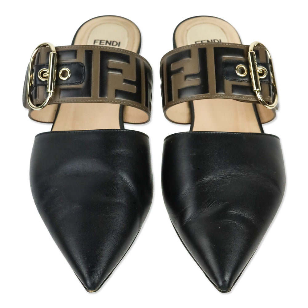 Fendi Vitello FF Embossed Black and Brown Buckle Flat Mules