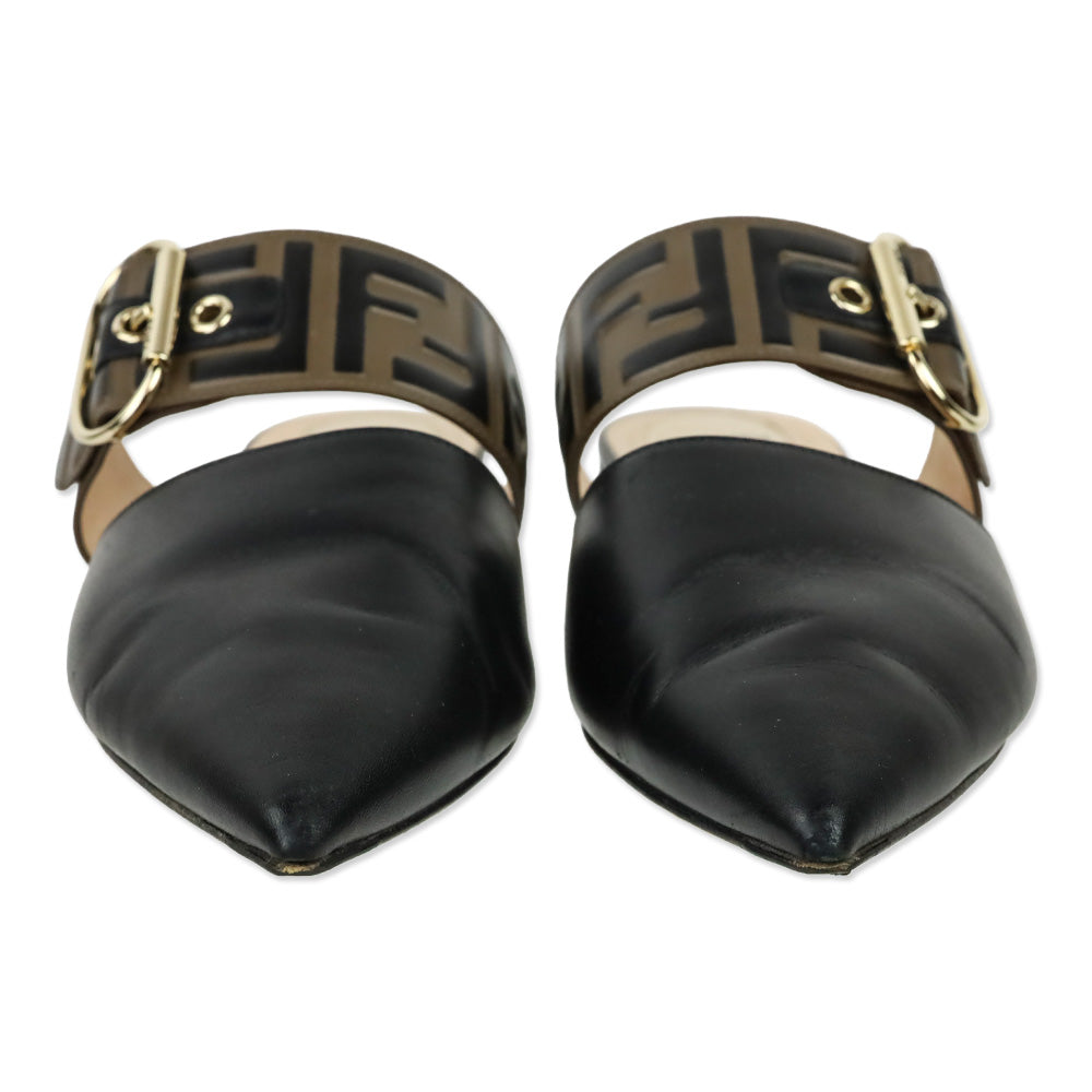 Fendi Vitello FF Embossed Black and Brown Buckle Flat Mules