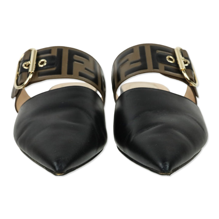 Fendi Vitello FF Embossed Black and Brown Buckle Flat Mules